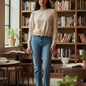 Long sleeved top, Michael Kors, elastic scrunch waist bottom, beige